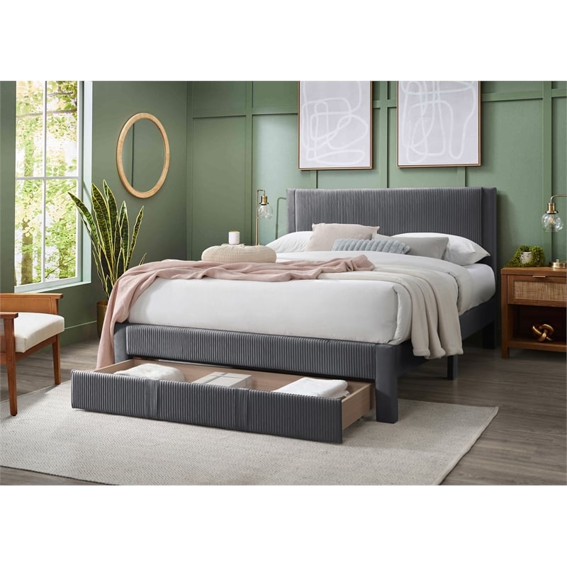 Poundex Queen Charcoal Foam Platform Bed Featuring Underbed Storage