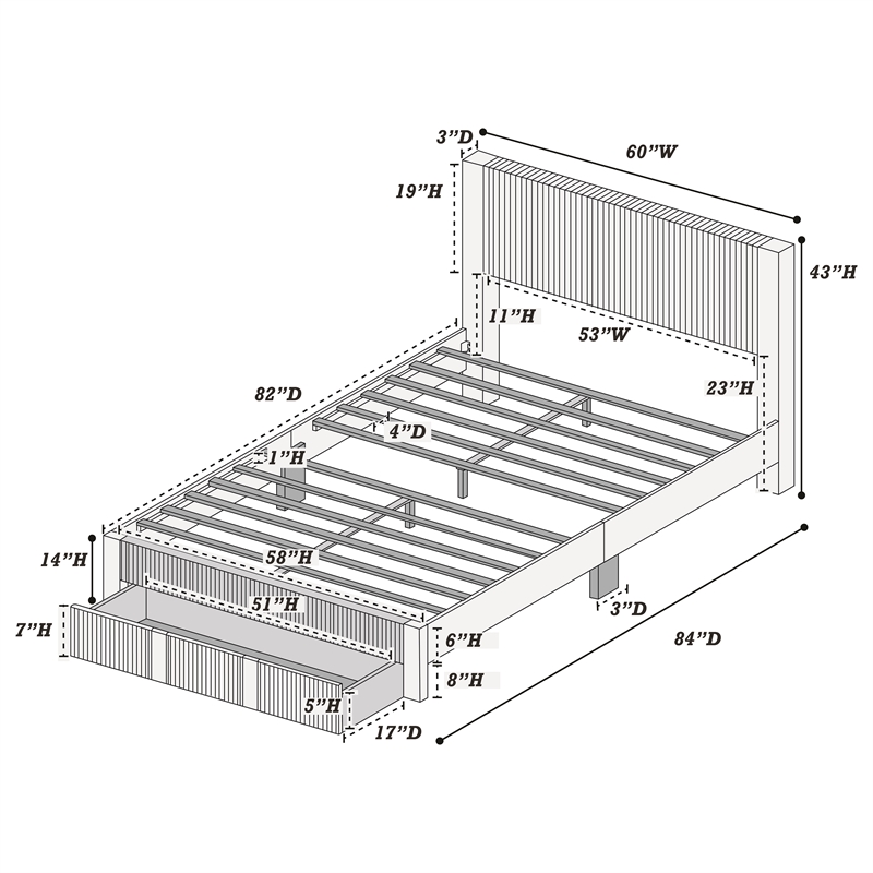 Poundex Queen Charcoal Foam Platform Bed Featuring Underbed Storage