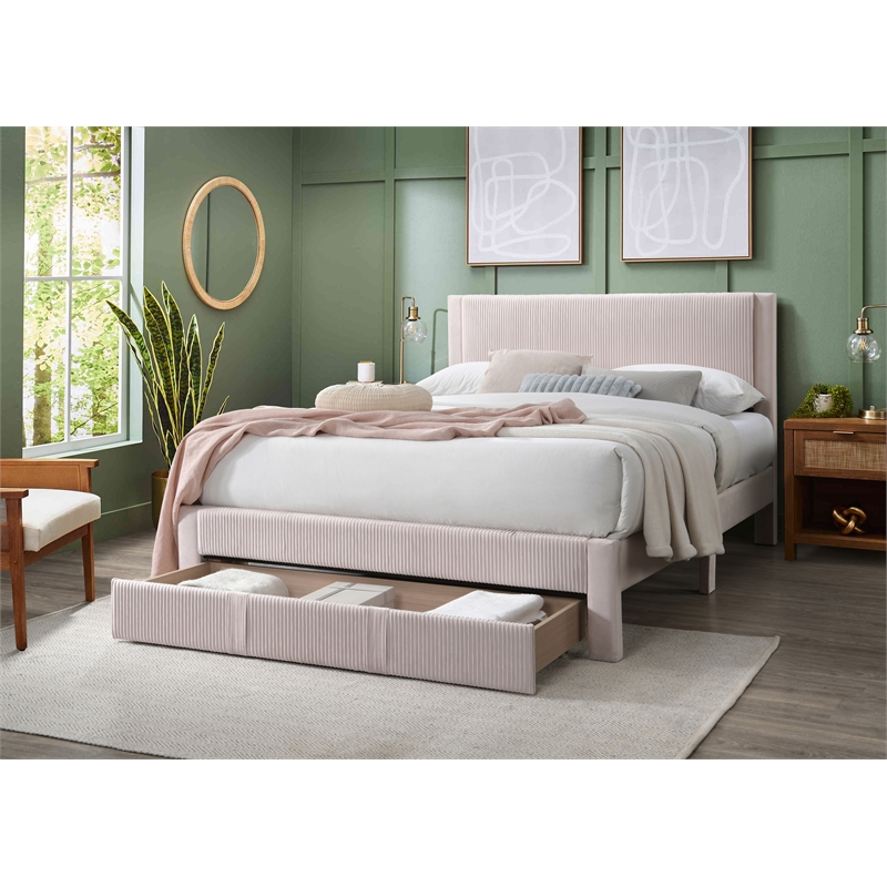 Poundex Queen Pink Foam Platform Bed Featuring Underbed Storage