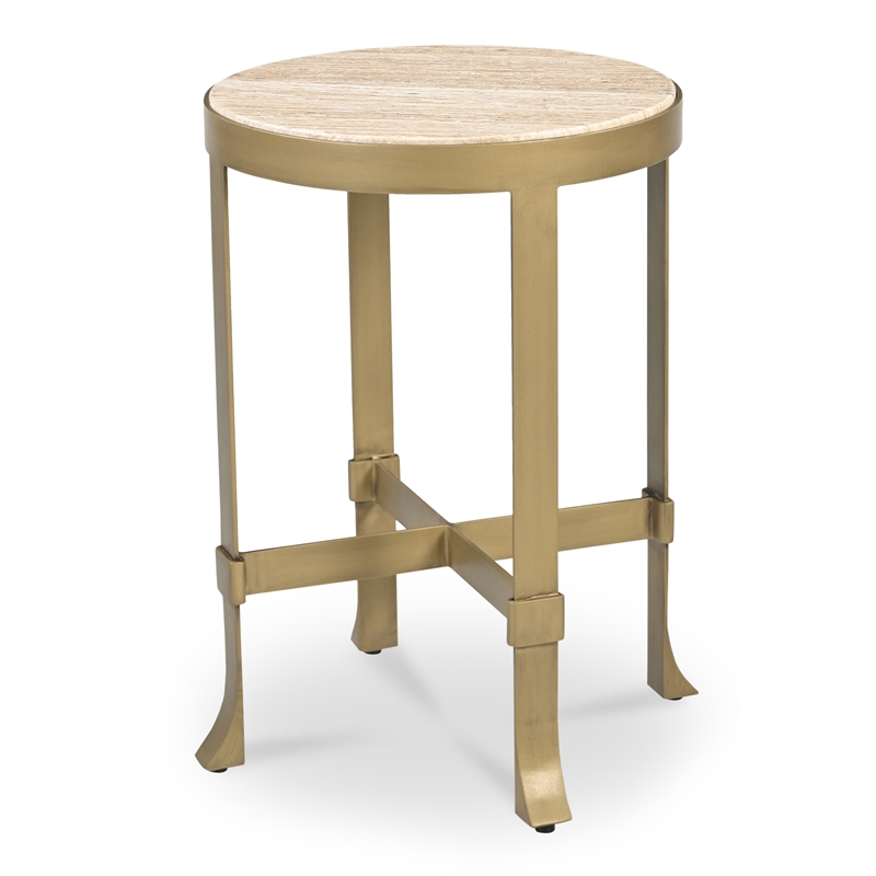 Moe's Home Collection Holli Tavertine Stone Top End Table in Gold Iron Base