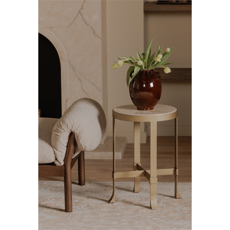 Moe's Home Collection Holli Tavertine Stone Top End Table in Gold Iron Base