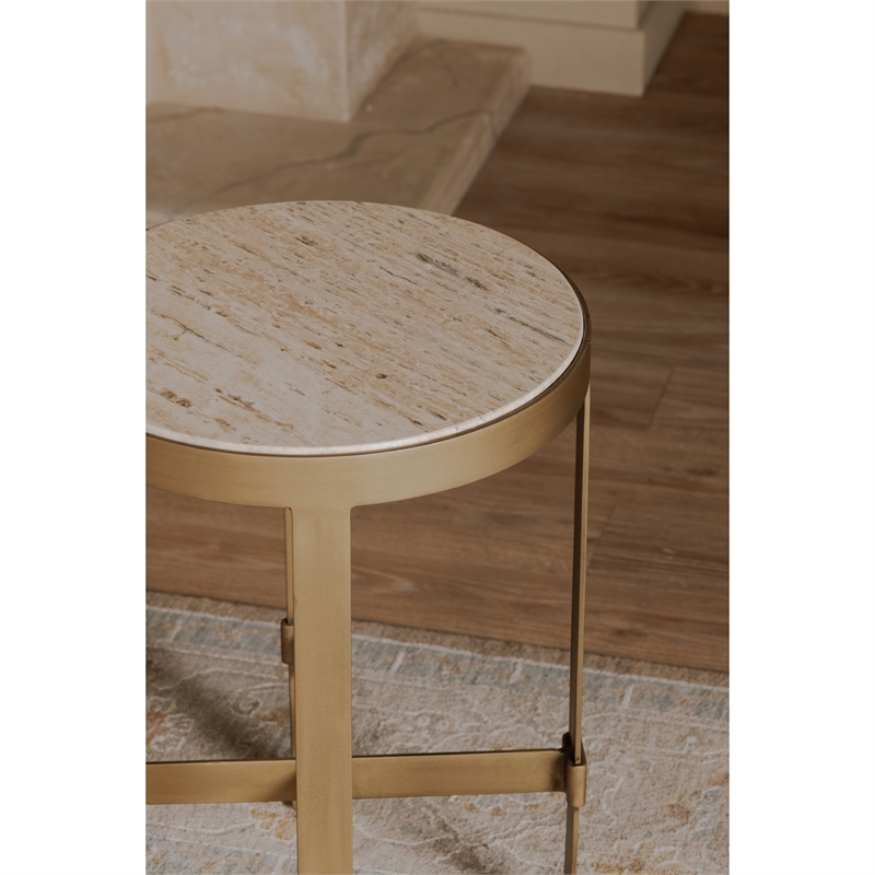 Moe's Home Collection Holli Tavertine Stone Top End Table in Gold Iron Base