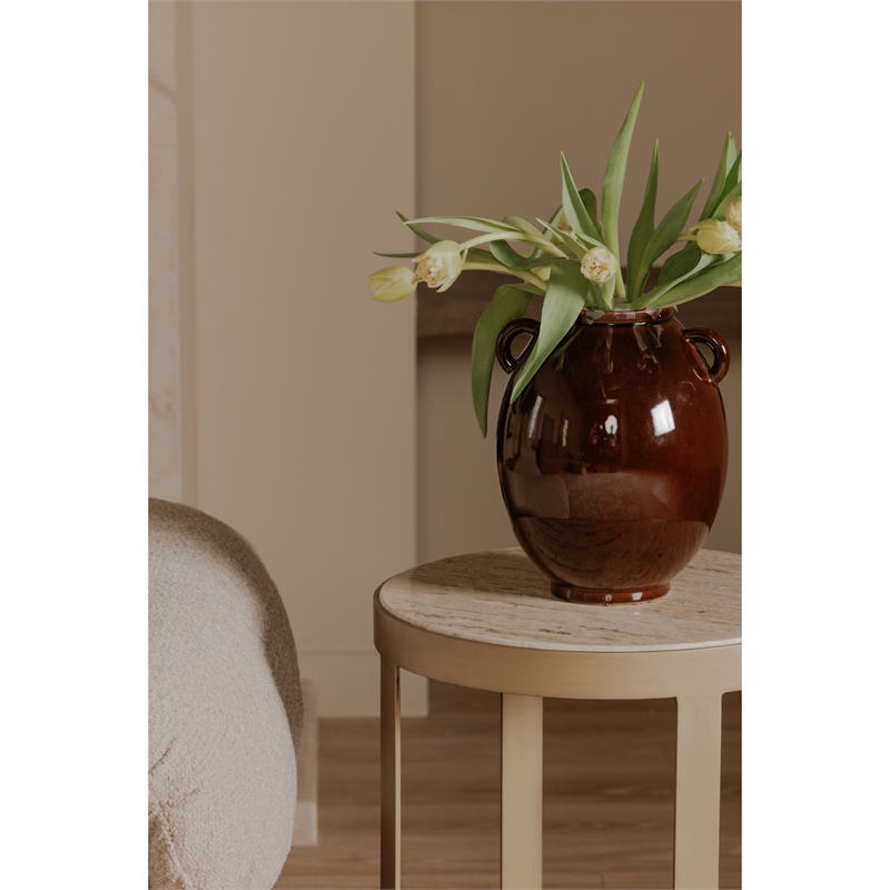 Moe's Home Collection Holli Tavertine Stone Top End Table in Gold Iron Base