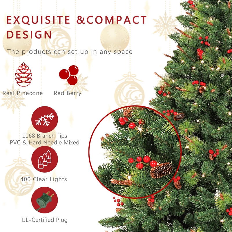 Jeco 7' Pre-Lit Berrywood Pine Artificial Christmas Tree