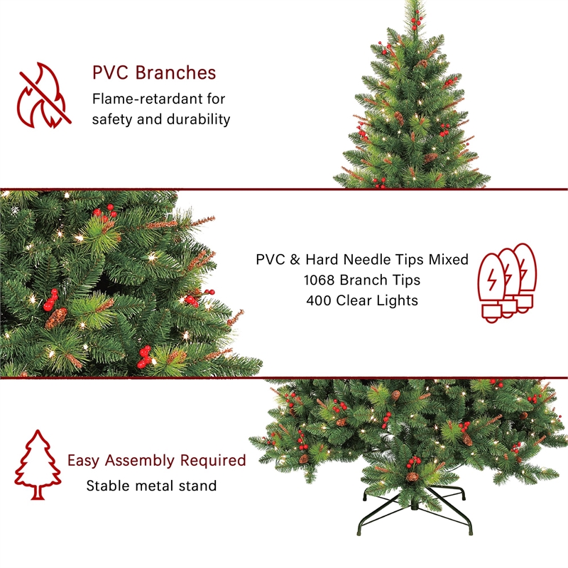 Jeco 7' Pre-Lit Berrywood Pine Artificial Christmas Tree