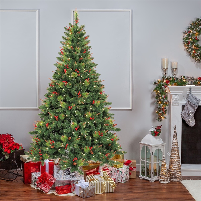 Jeco 7' Pre-Lit Berrywood Pine Artificial Christmas Tree