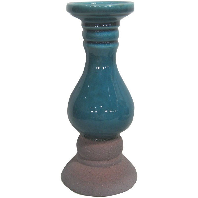 Jeco Ceramic Circular Candlestick in Teal Blue and Brick Red
