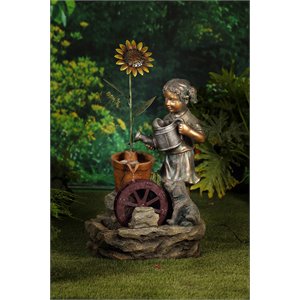 jeco girl watering sunflower fountain in gray and brown