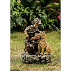 jeco boy play with dog fountain in bronze and gray
