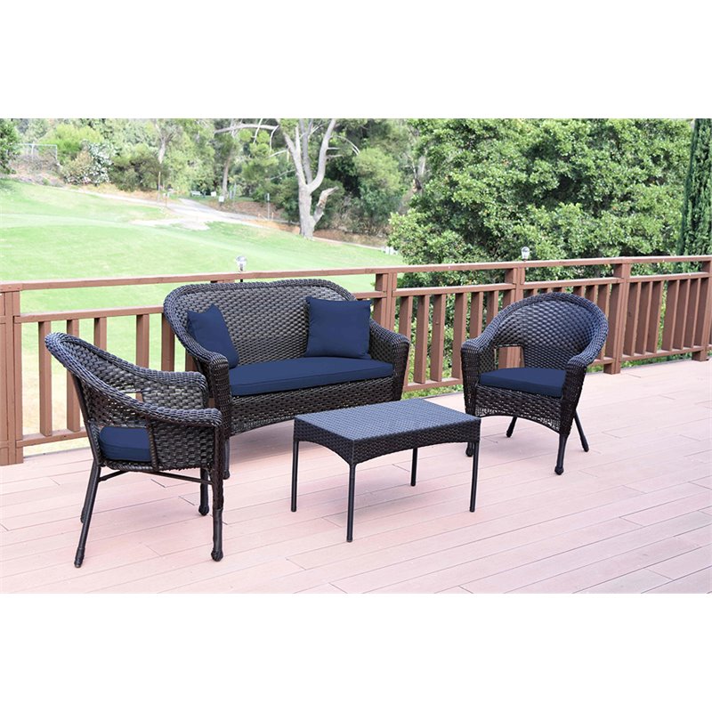 Jeco Wicker Patio Chair in Brown and Midnight Blue (Set of 2)