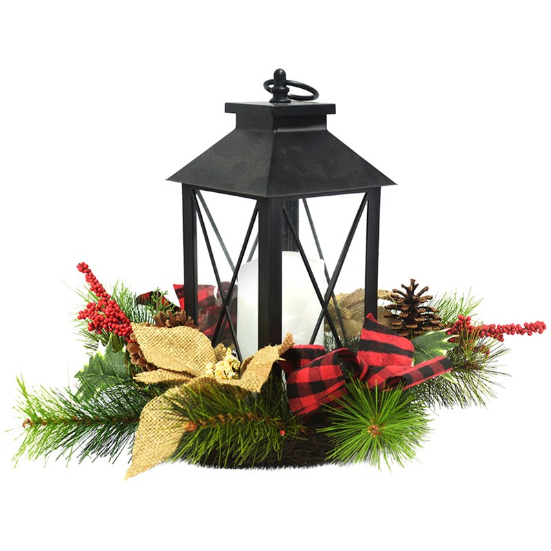 Jeco LED Lantern with Wreath in Black and Green