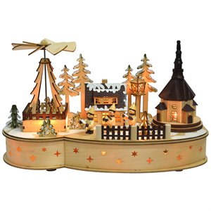 jeco led wooden village figurine music box in natural and brown