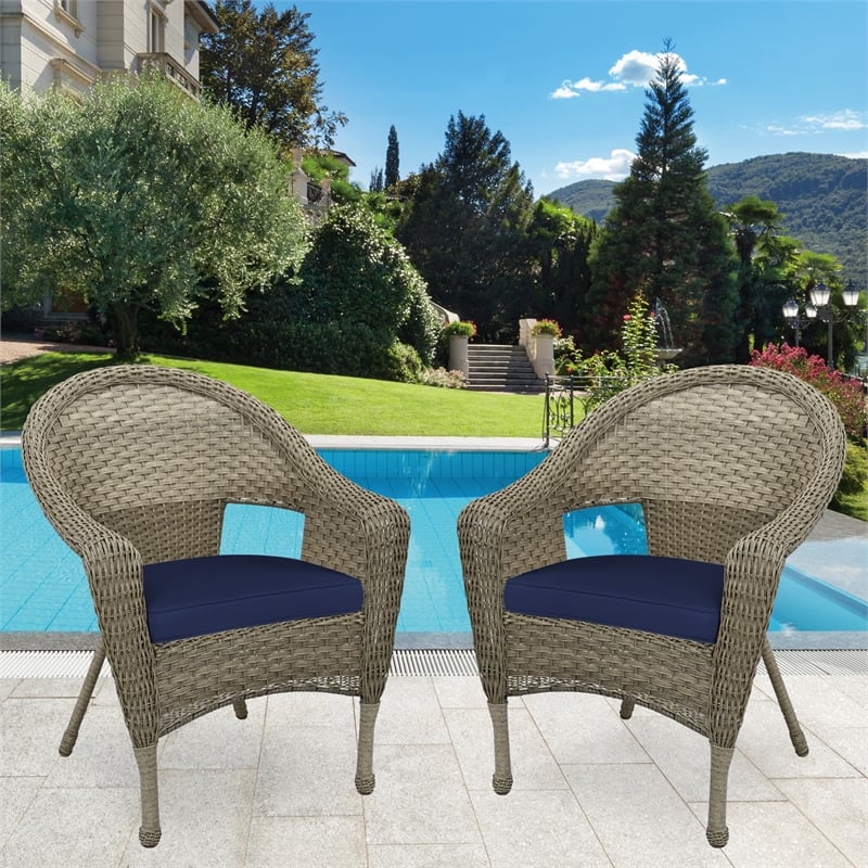 Jeco Clark Wicker Patio Chair in Gray and Midnight Blue (Set of 2)