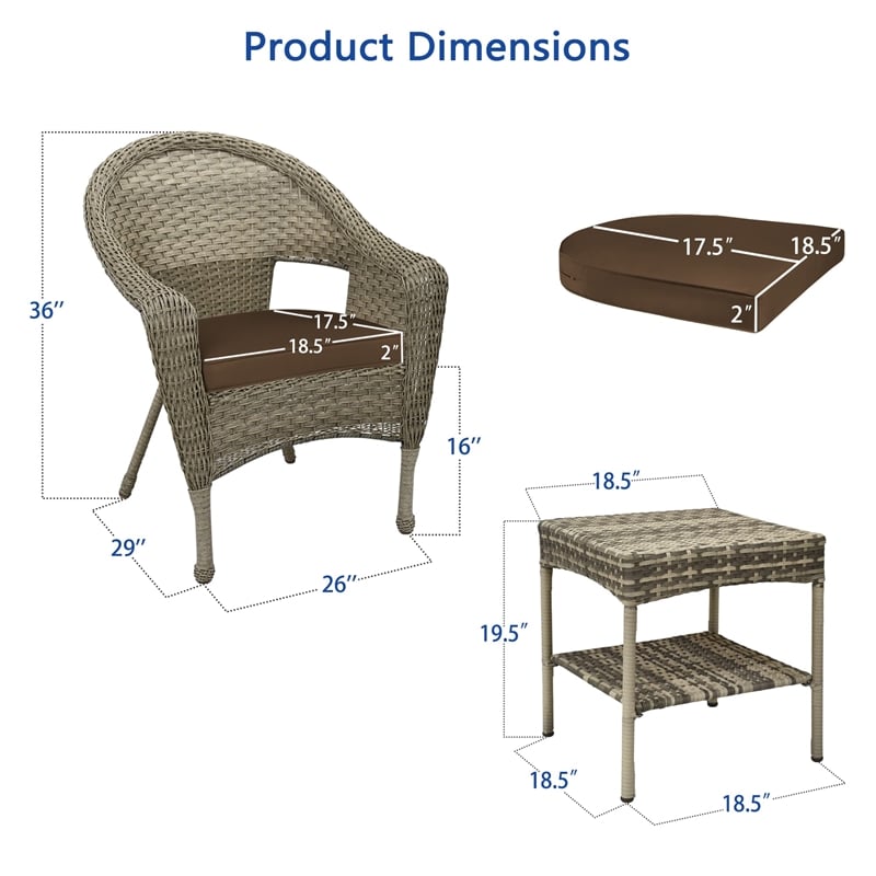Jeco Clark 3 Piece Wicker Patio Conversation Set in Gray and Brown