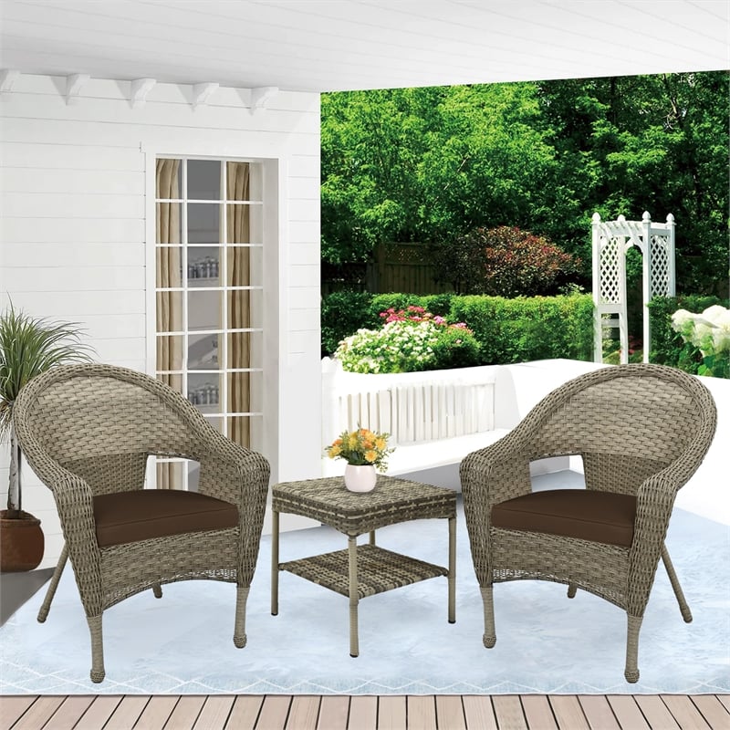Jeco Clark 3 Piece Wicker Patio Conversation Set in Gray and Brown