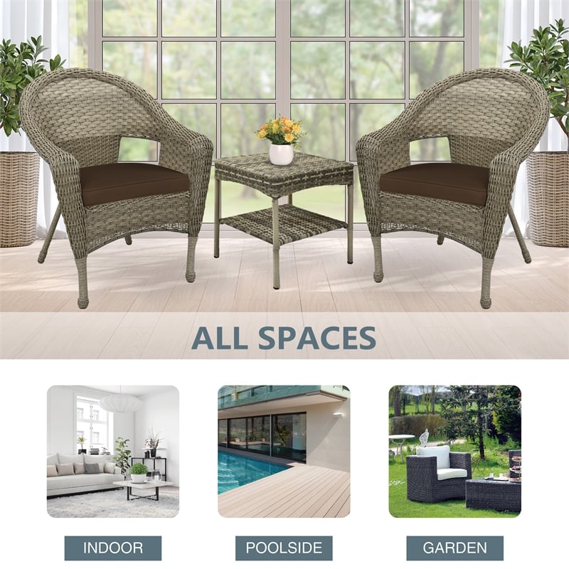 Jeco Clark 3 Piece Wicker Patio Conversation Set in Gray and Brown