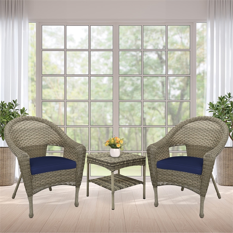 Jeco Clark 3 Piece Wicker Patio Conversation Set in Gray and Blue