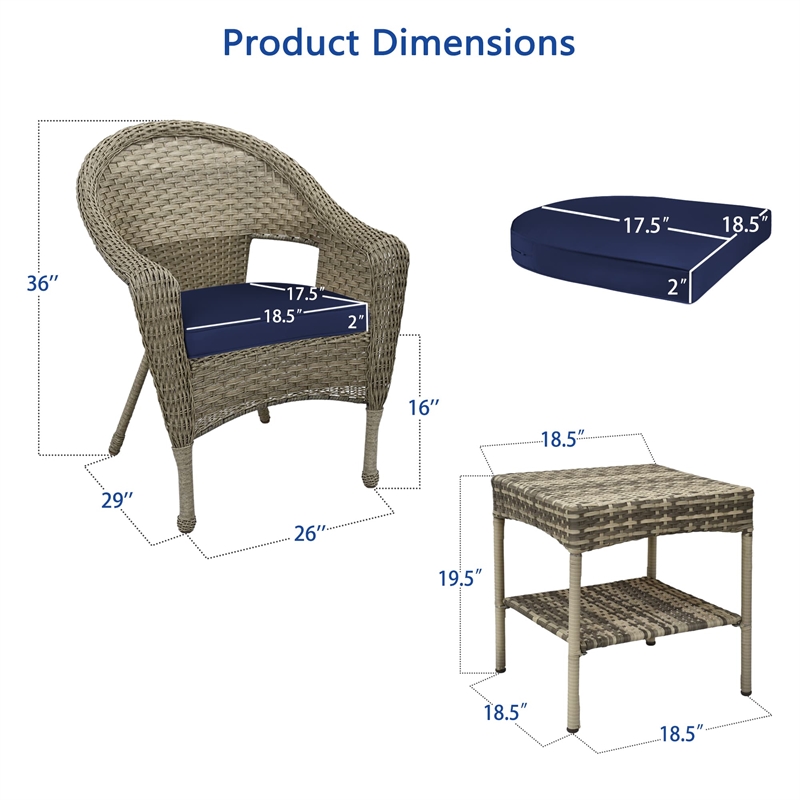 Jeco Clark 3 Piece Wicker Patio Conversation Set in Gray and Blue