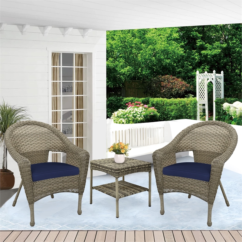 Jeco Clark 3 Piece Wicker Patio Conversation Set in Gray and Blue