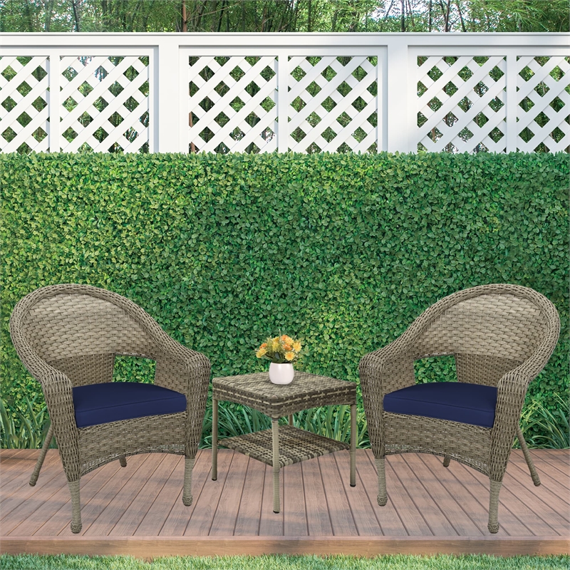 Jeco Clark 3 Piece Wicker Patio Conversation Set in Gray and Blue