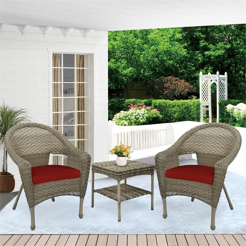 Jeco Clark 3 Piece Wicker Patio Conversation Set in Gray and Brick Red