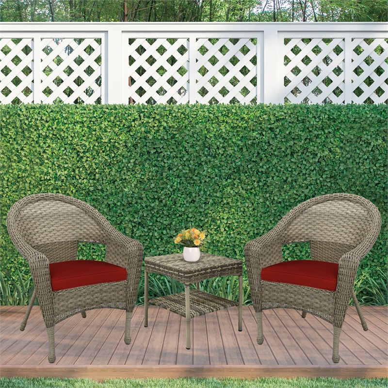 Jeco Clark 3 Piece Wicker Patio Conversation Set in Gray and Brick Red