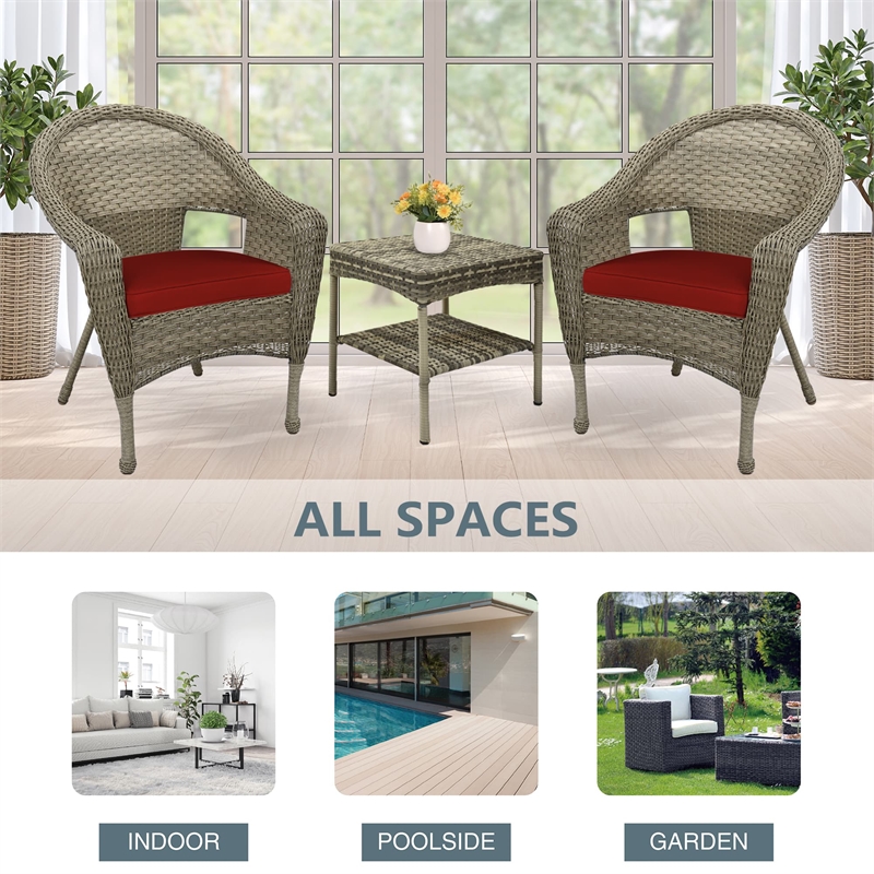 Jeco Clark 3 Piece Wicker Patio Conversation Set in Gray and Brick Red