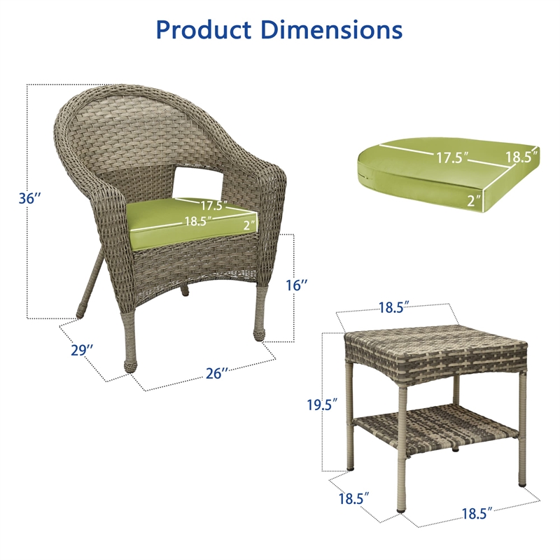 Jeco Clark 3 Piece Wicker Patio Conversation Set in Gray and Green