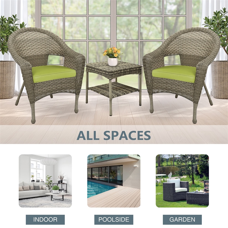 Jeco Clark 3 Piece Wicker Patio Conversation Set in Gray and Green