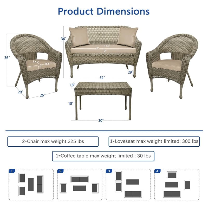 Jeco Clark 4 Piece Wicker Patio Sofa Set in Gray and Tan