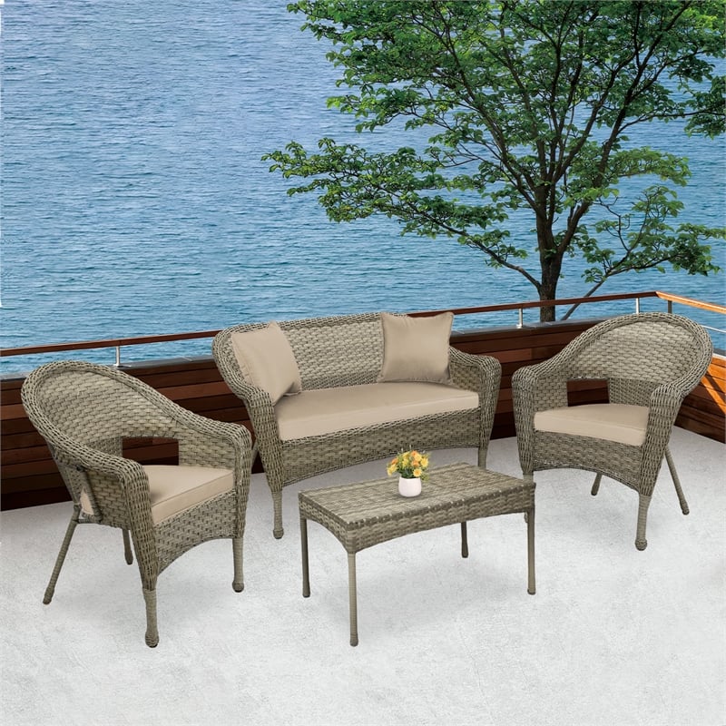 Jeco Clark 4 Piece Wicker Patio Sofa Set in Gray and Tan