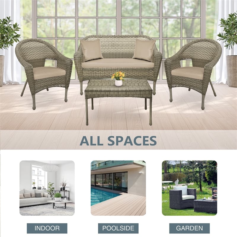 Jeco Clark 4 Piece Wicker Patio Sofa Set in Gray and Tan