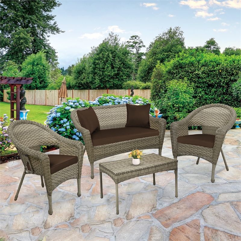 Jeco Clark 4 Piece Wicker Patio Sofa Set in Gray and Brown