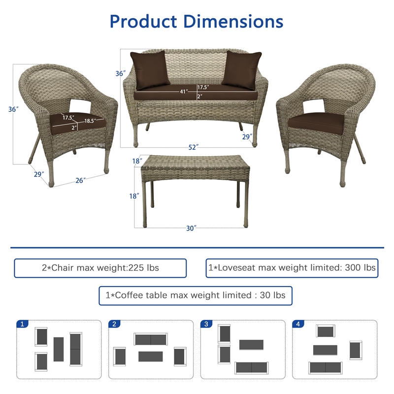 Jeco Clark 4 Piece Wicker Patio Sofa Set in Gray and Brown