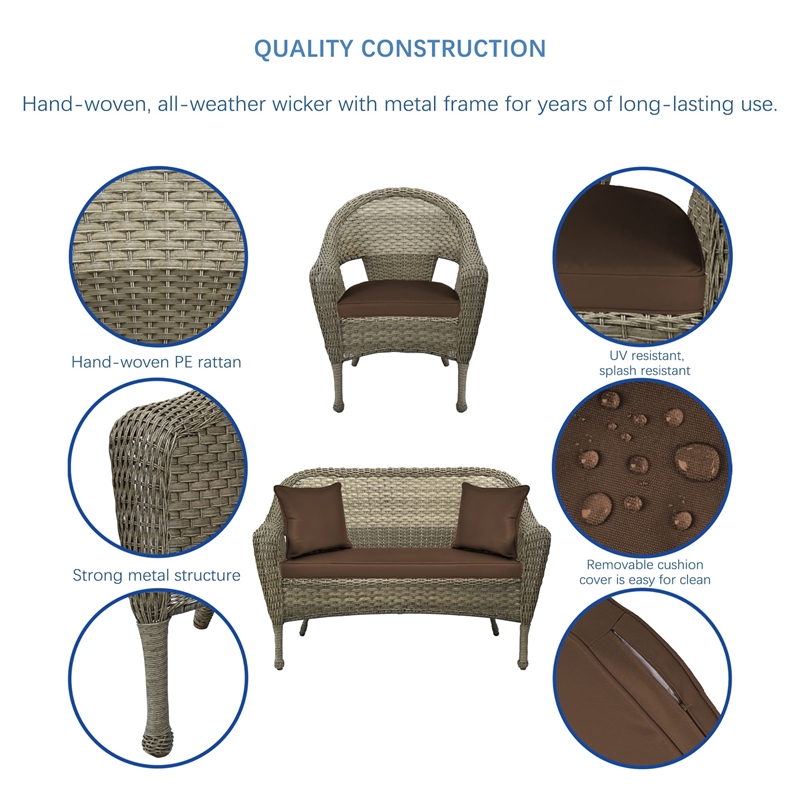 Jeco Clark 4 Piece Wicker Patio Sofa Set in Gray and Brown