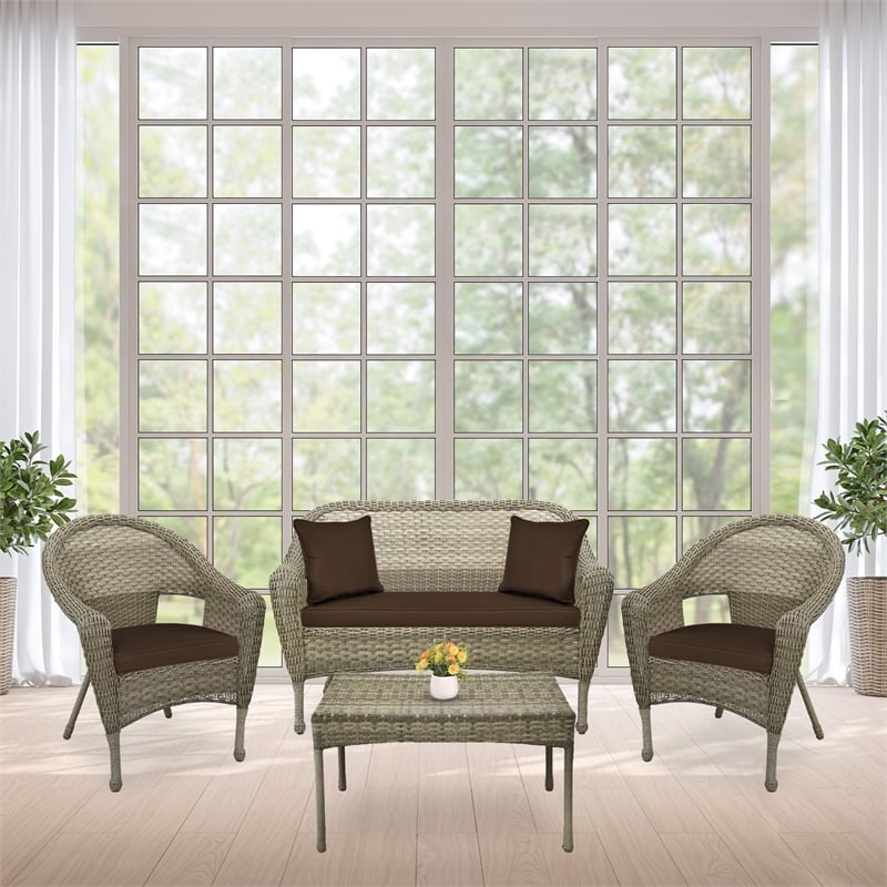 Jeco Clark 4 Piece Wicker Patio Sofa Set in Gray and Brown