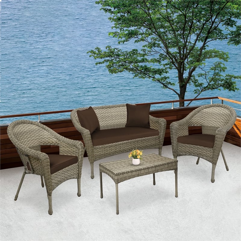 Jeco Clark 4 Piece Wicker Patio Sofa Set in Gray and Brown