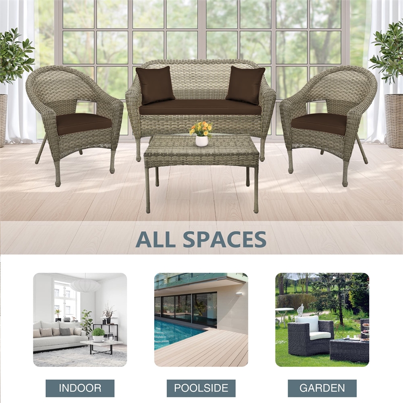 Jeco Clark 4 Piece Wicker Patio Sofa Set in Gray and Brown