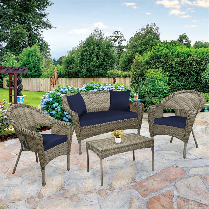 Jeco Clark 4 Piece Wicker Patio Sofa Set in Gray and Blue