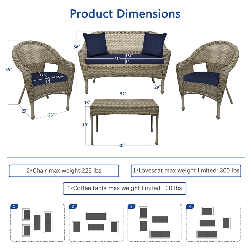 Jeco Clark 4 Piece Wicker Patio Sofa Set in Gray and Blue