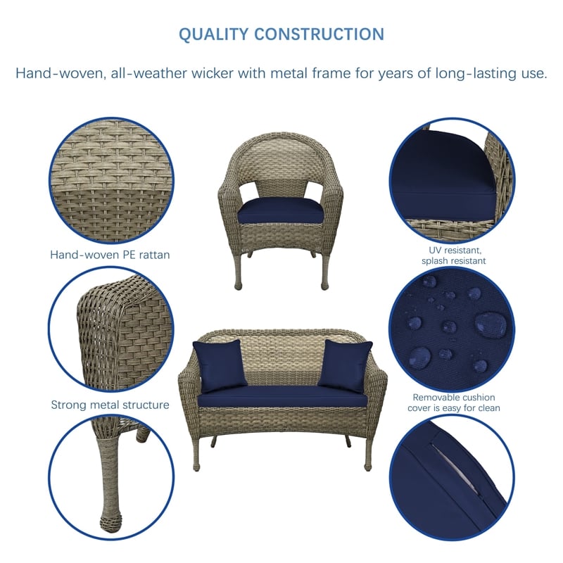 Jeco Clark 4 Piece Wicker Patio Sofa Set in Gray and Blue