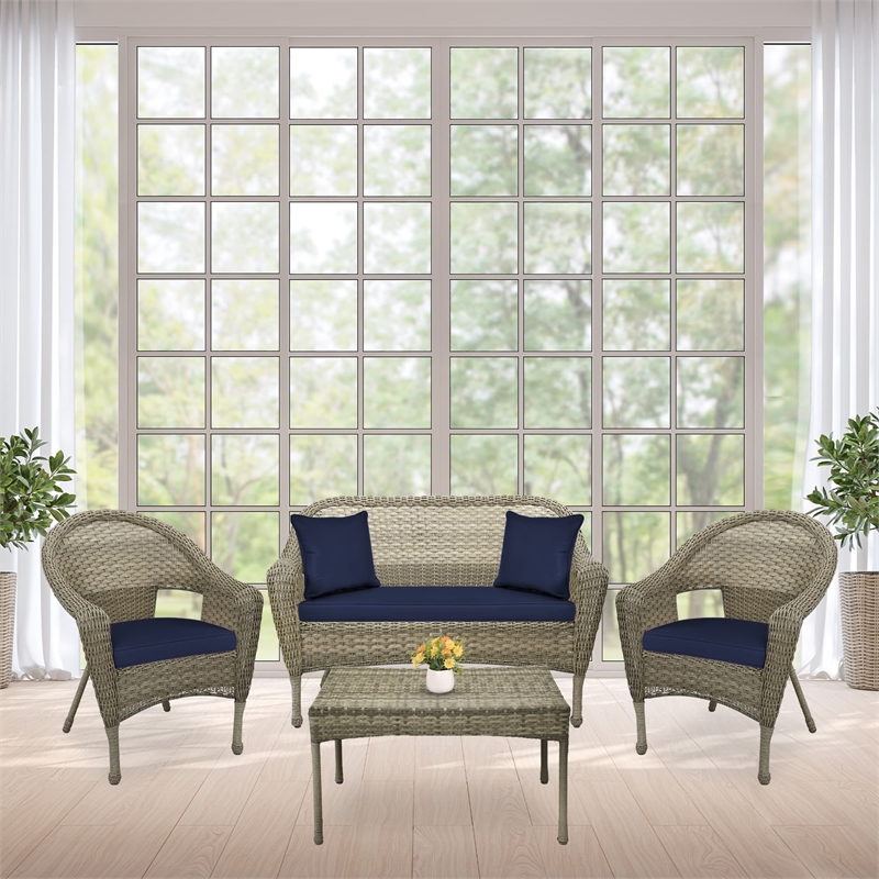 Jeco Clark 4 Piece Wicker Patio Sofa Set in Gray and Blue