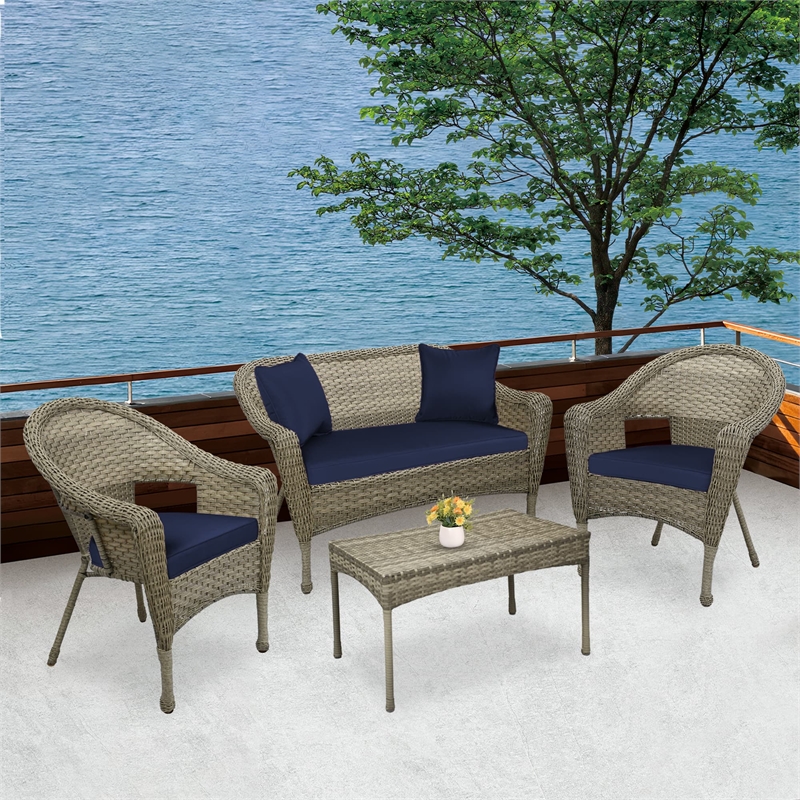Jeco Clark 4 Piece Wicker Patio Sofa Set in Gray and Blue