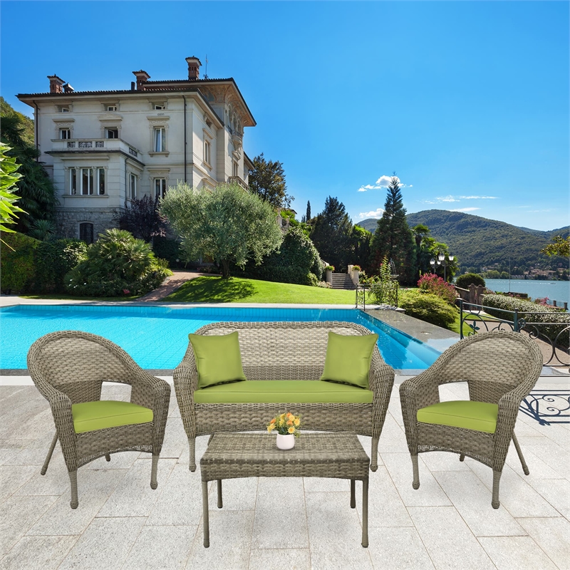 Jeco Clark 4 Piece Wicker Patio Sofa Set in Gray and Green