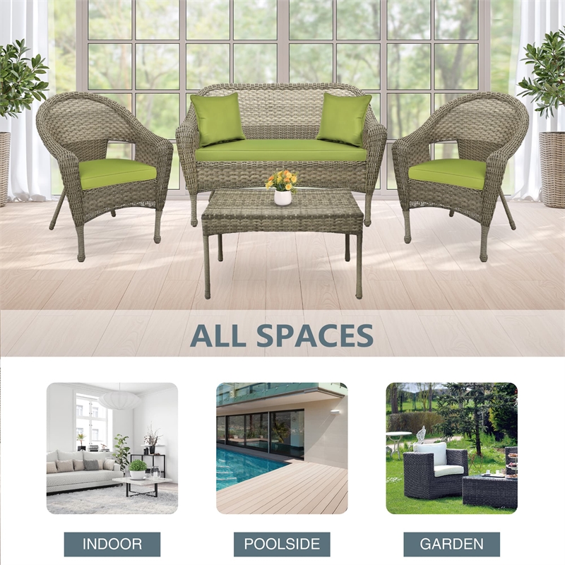Jeco Clark 4 Piece Wicker Patio Sofa Set in Gray and Green