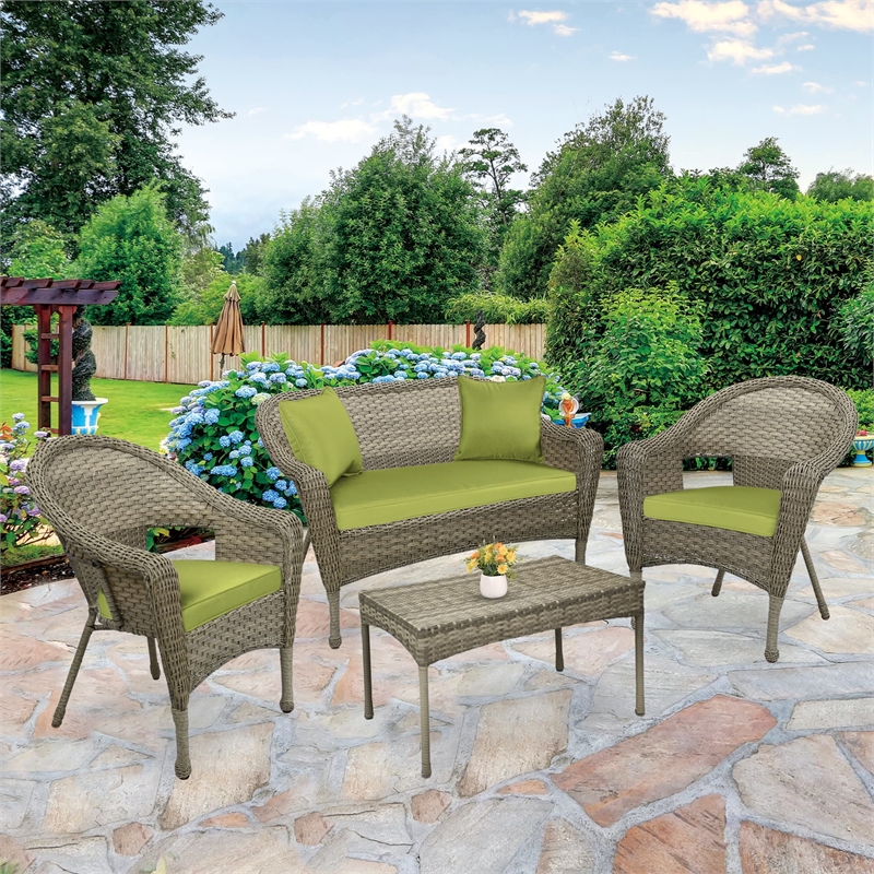 Jeco Clark 4 Piece Wicker Patio Sofa Set in Gray and Green