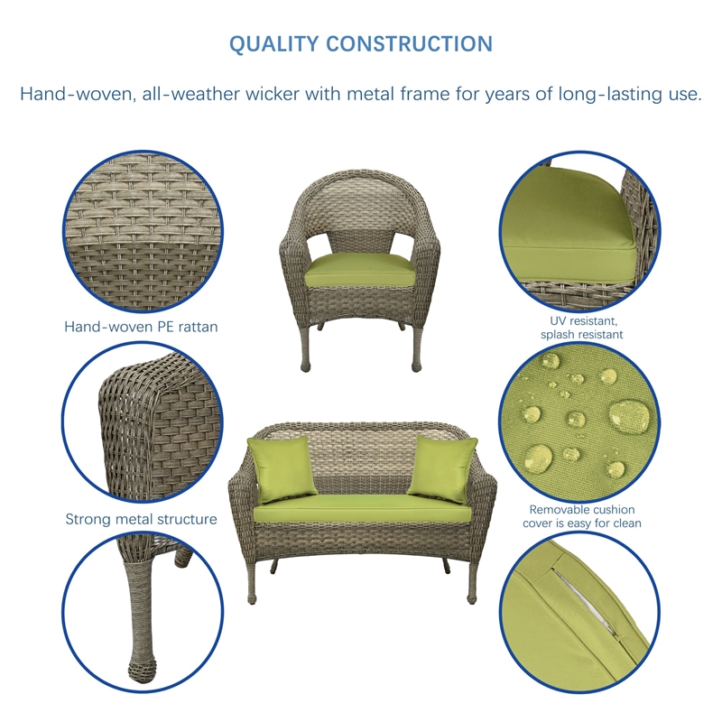 Jeco Clark 4 Piece Wicker Patio Sofa Set in Gray and Green