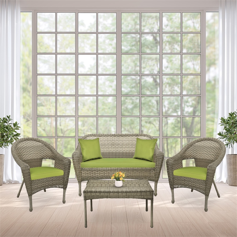 Jeco Clark 4 Piece Wicker Patio Sofa Set in Gray and Green