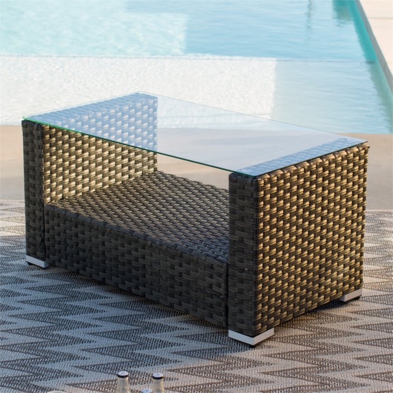 Jeco Nefeli 4 PC Resin Wicker Conversation Set in Dark Brown/Light Blue Cushion