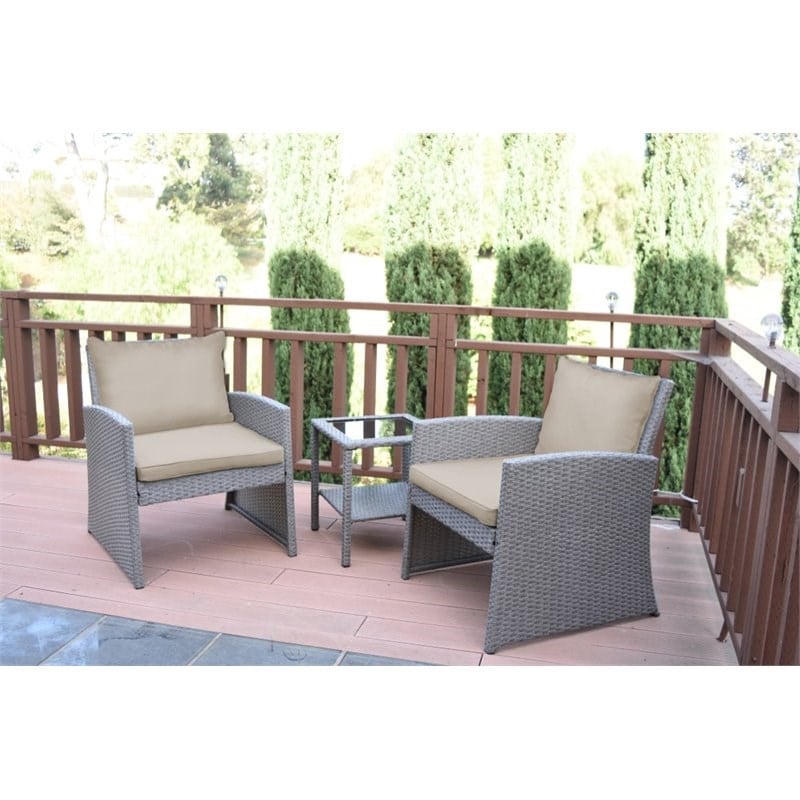 Jeco Mirabelle 3 Piece Resin Wicker Patio Bistro Set in Gray with Tan Cushion